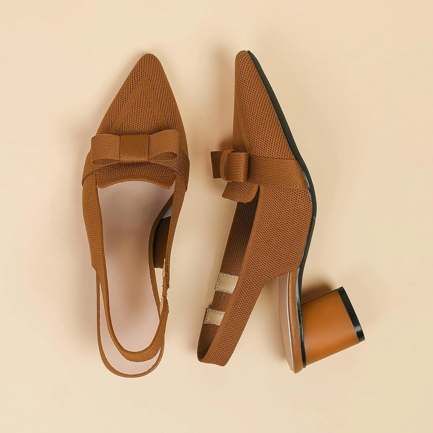 Women's Knitted Bow Slingback Chunky Heel Pumps Closed Pointed Toe Slip On Low Block Heels Daily Work Office Dress Shoes