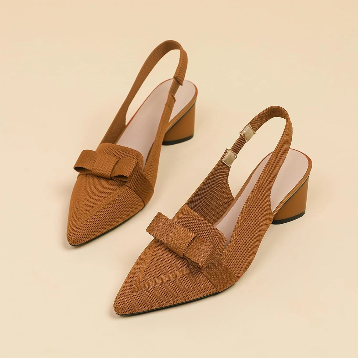 Women's Knitted Bow Slingback Chunky Heel Pumps Closed Pointed Toe Slip On Low Block Heels Daily Work Office Dress Shoes