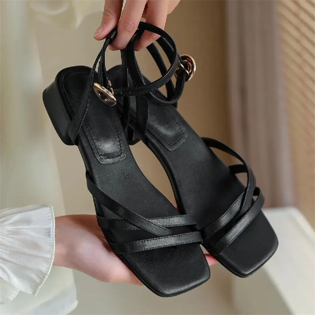 Womens Lace-Up Back Strap Flat Heel Open Side Vamp Gladiator Sandals Cow Leather Buckle Detail Casual Summer Sandals