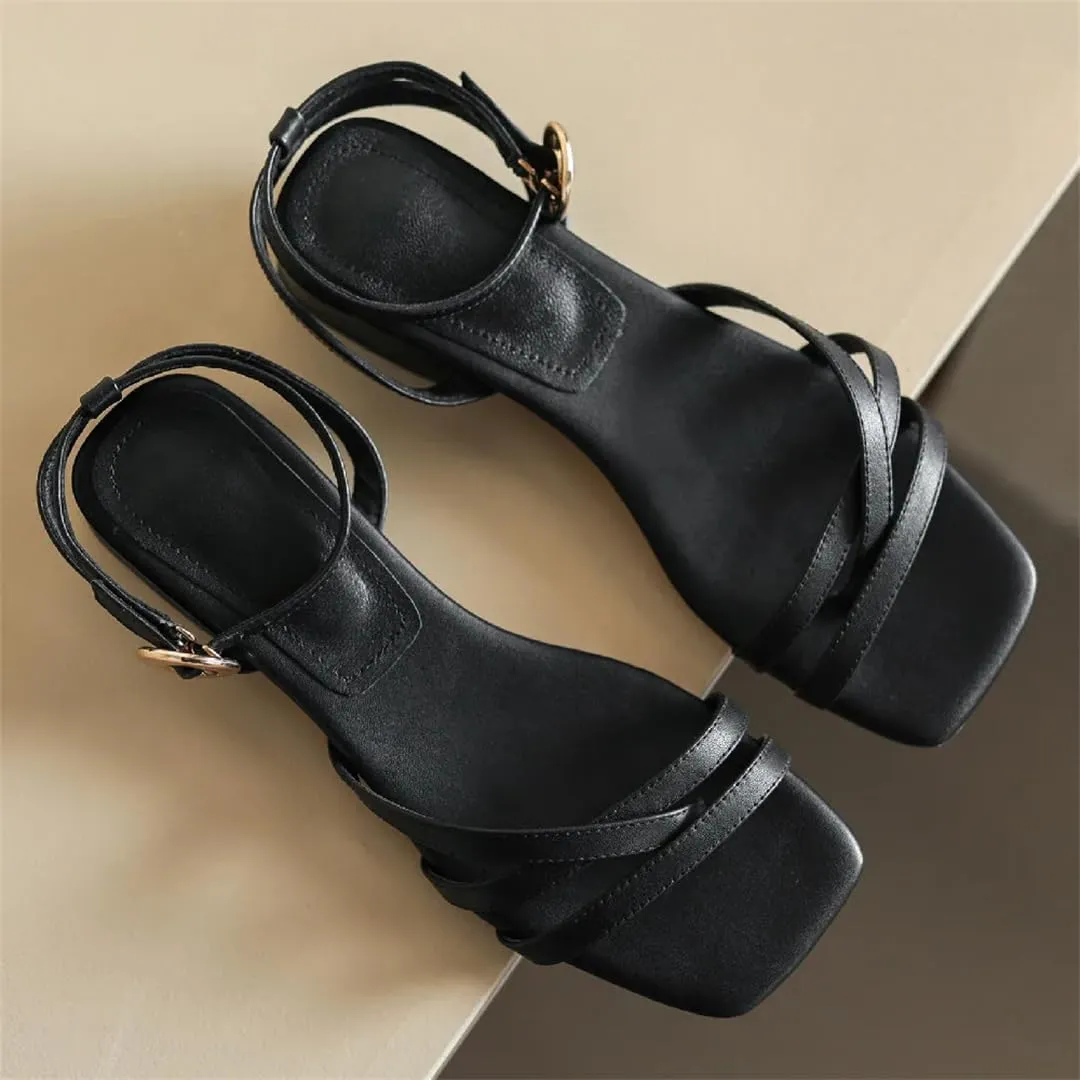 Womens Lace-Up Back Strap Flat Heel Open Side Vamp Gladiator Sandals Cow Leather Buckle Detail Casual Summer Sandals
