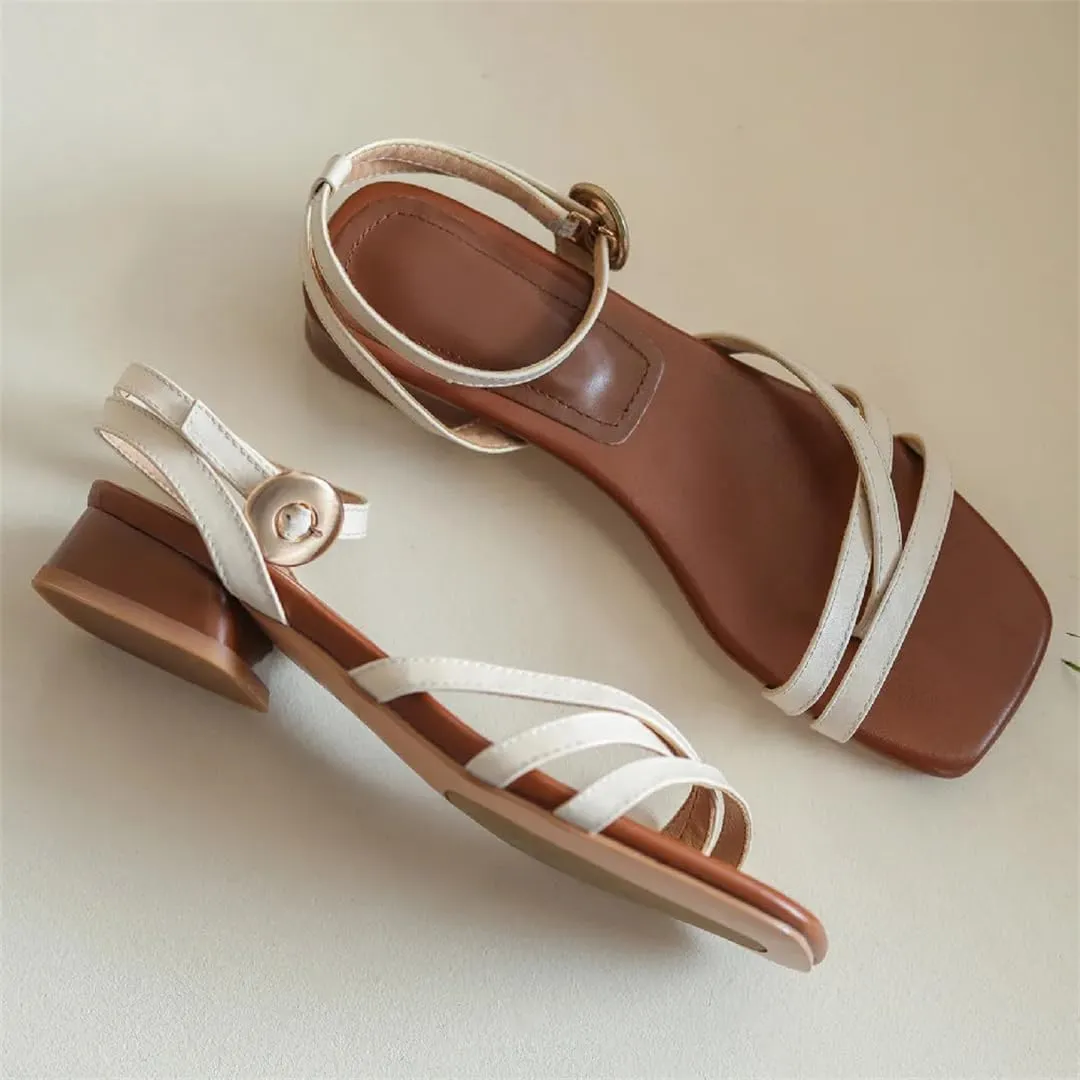 Womens Lace-Up Back Strap Flat Heel Open Side Vamp Gladiator Sandals Cow Leather Buckle Detail Casual Summer Sandals