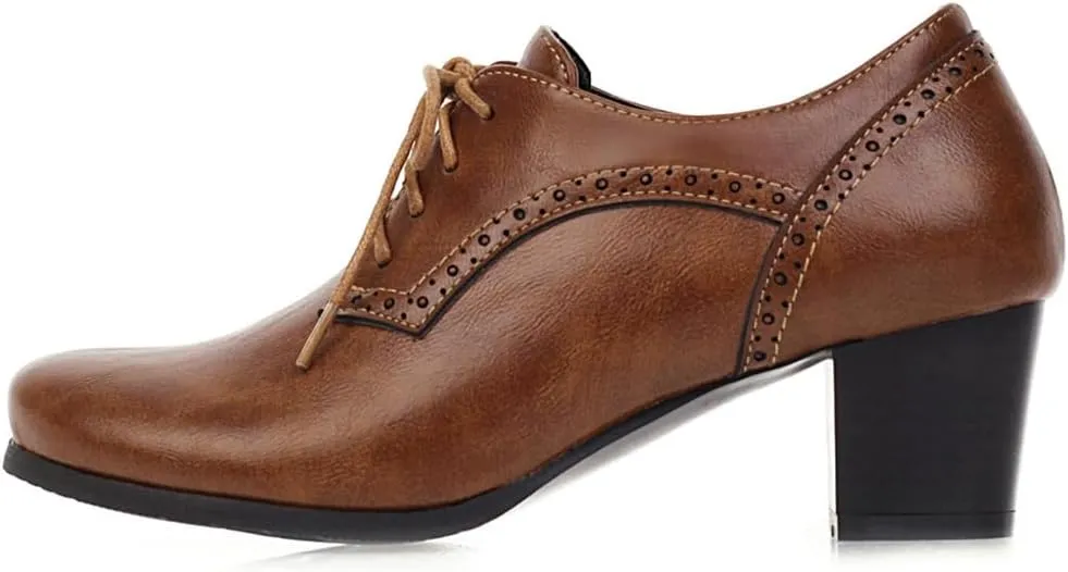 Women's Lace Up Wingtip Oxfords Pumps Block Mid Heel Round Toe Perforated Vintage Brogues Dress Shoes