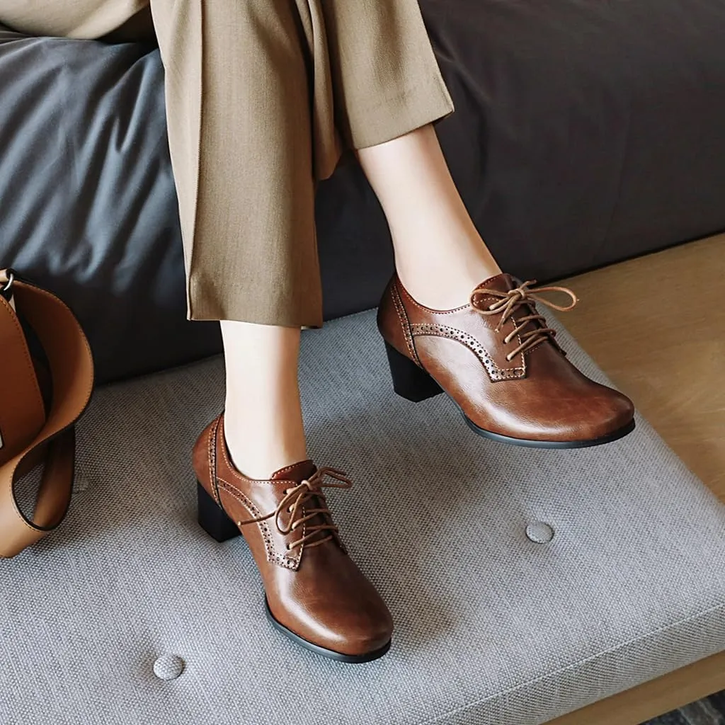 Women's Lace Up Wingtip Oxfords Pumps Block Mid Heel Round Toe Perforated Vintage Brogues Dress Shoes