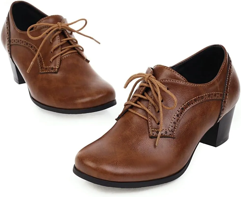 Women's Lace Up Wingtip Oxfords Pumps Block Mid Heel Round Toe Perforated Vintage Brogues Dress Shoes