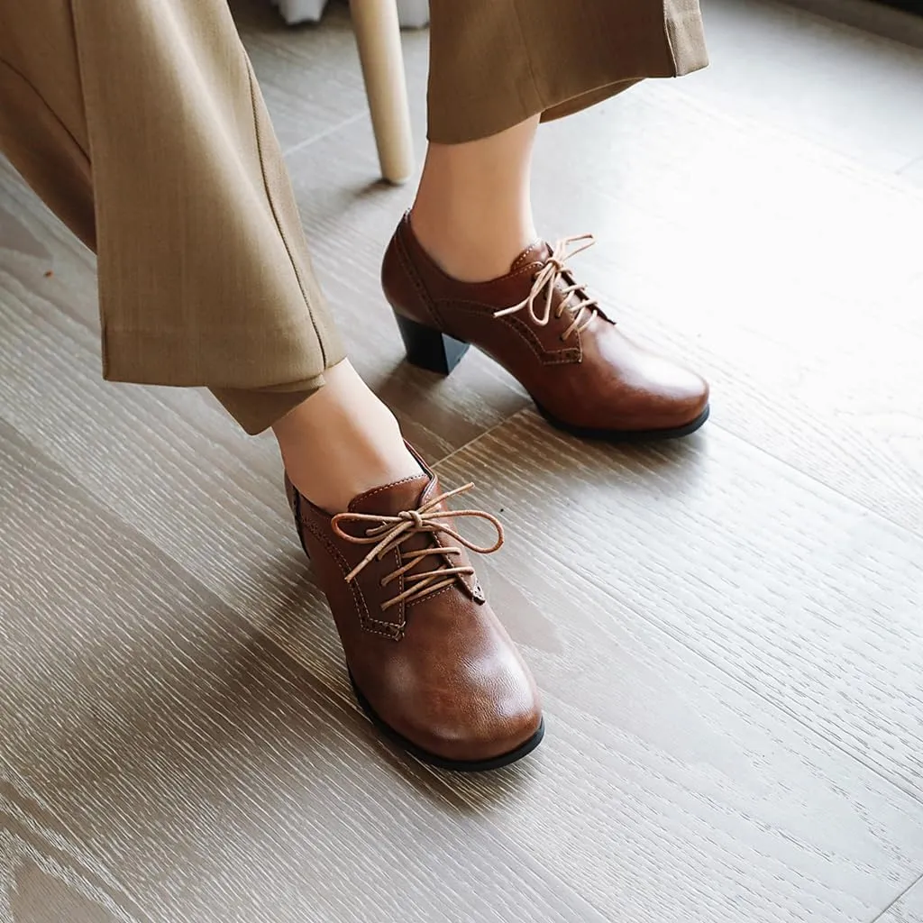 Women's Lace Up Wingtip Oxfords Pumps Block Mid Heel Round Toe Perforated Vintage Brogues Dress Shoes