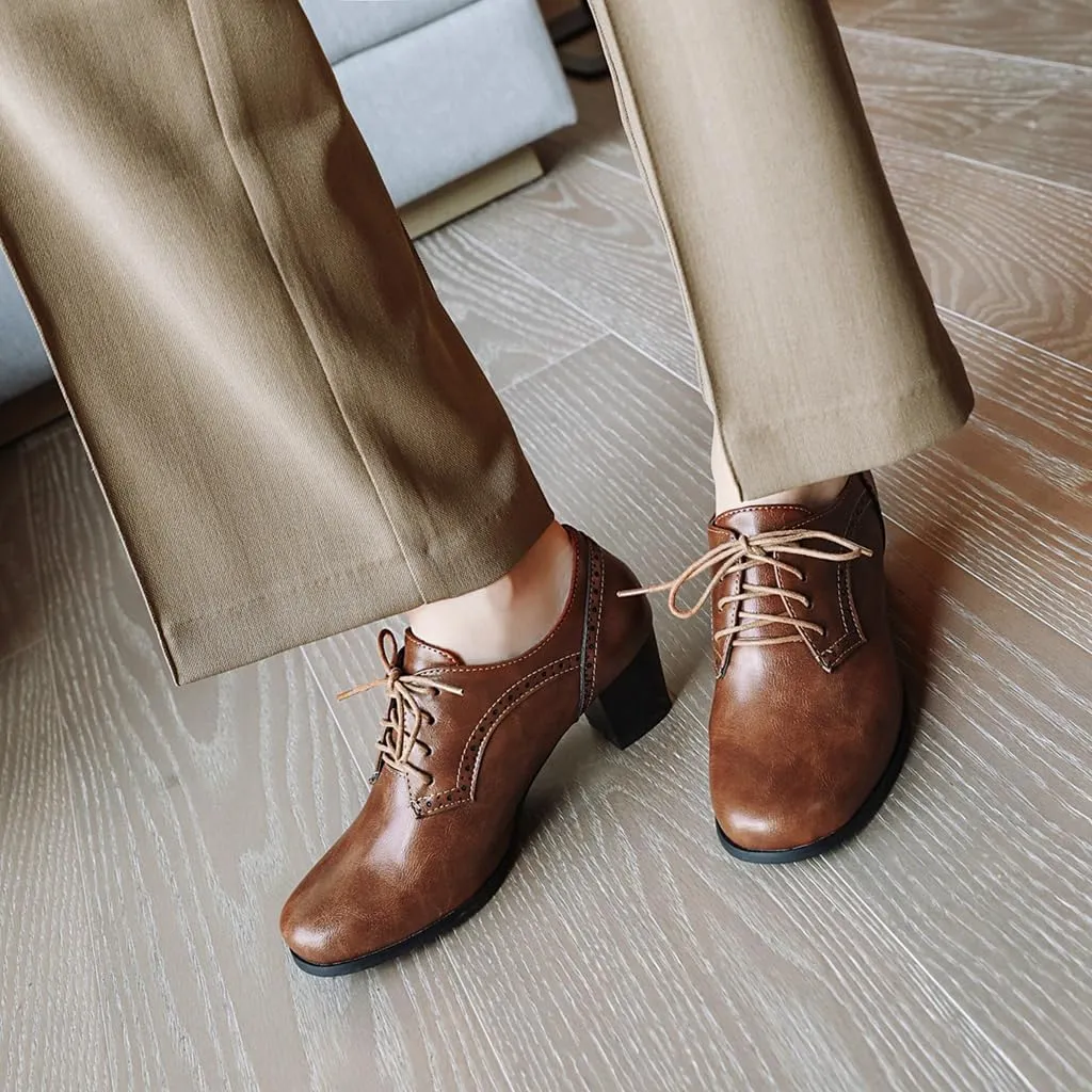 Women's Lace Up Wingtip Oxfords Pumps Block Mid Heel Round Toe Perforated Vintage Brogues Dress Shoes