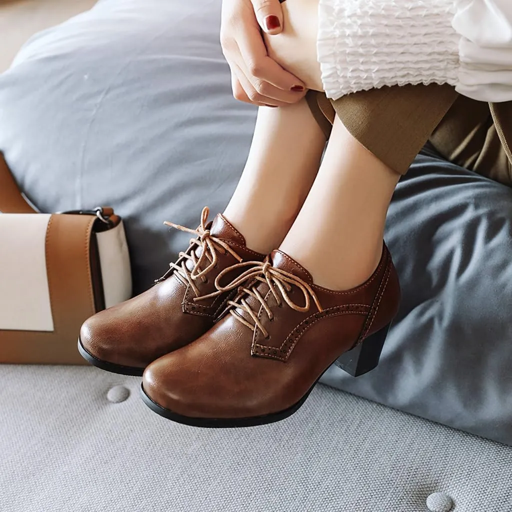 Women's Lace Up Wingtip Oxfords Pumps Block Mid Heel Round Toe Perforated Vintage Brogues Dress Shoes