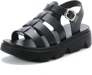 Women's Leather Platform Wedge Gladiator Sandals Retro Round Open Toe Lug Sole Adjustable Ankle Strap Sandals Summer Breathable Beach Walking Sandals
