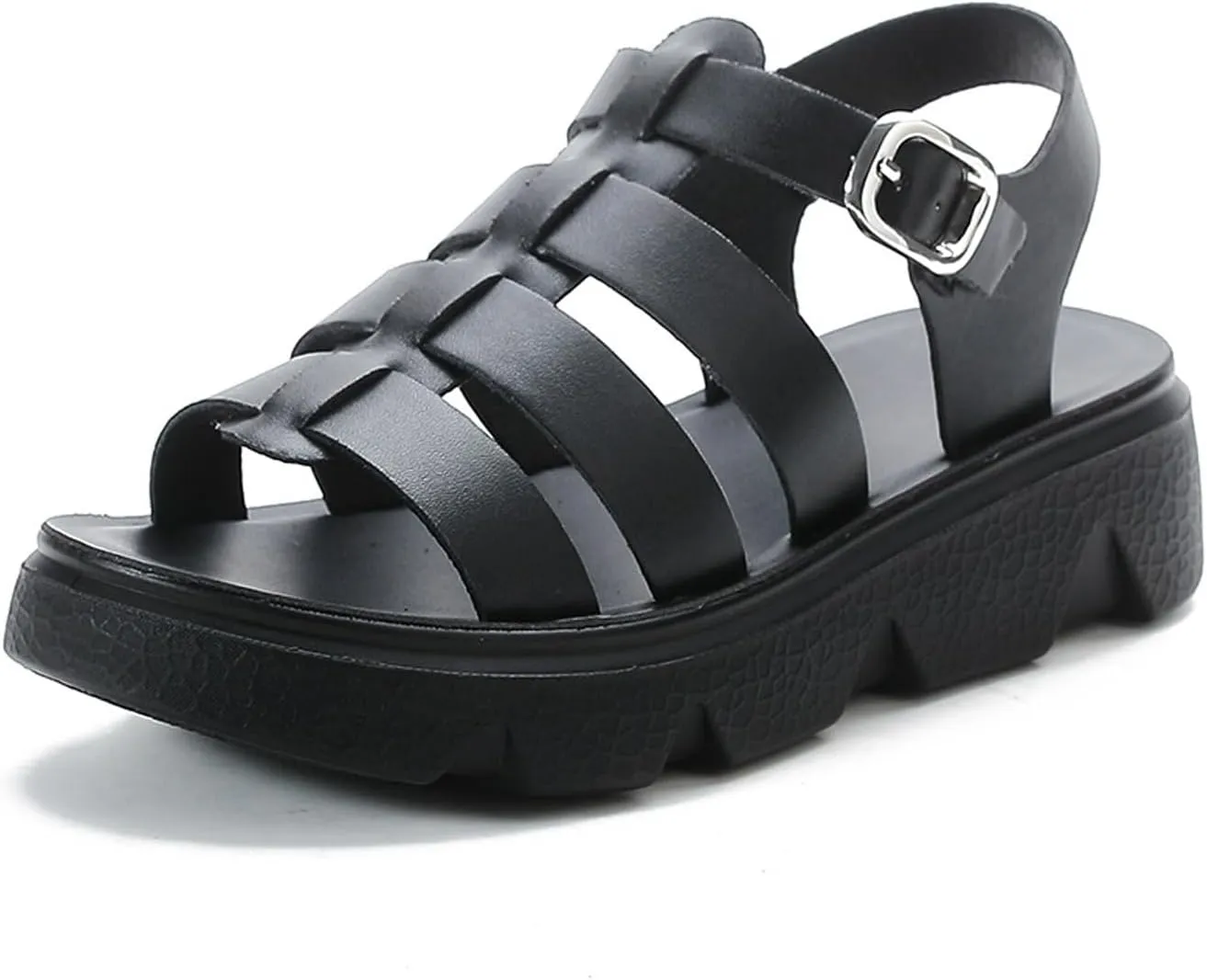 Women's Leather Platform Wedge Gladiator Sandals Retro Round Open Toe Lug Sole Adjustable Ankle Strap Sandals Summer Breathable Beach Walking Sandals