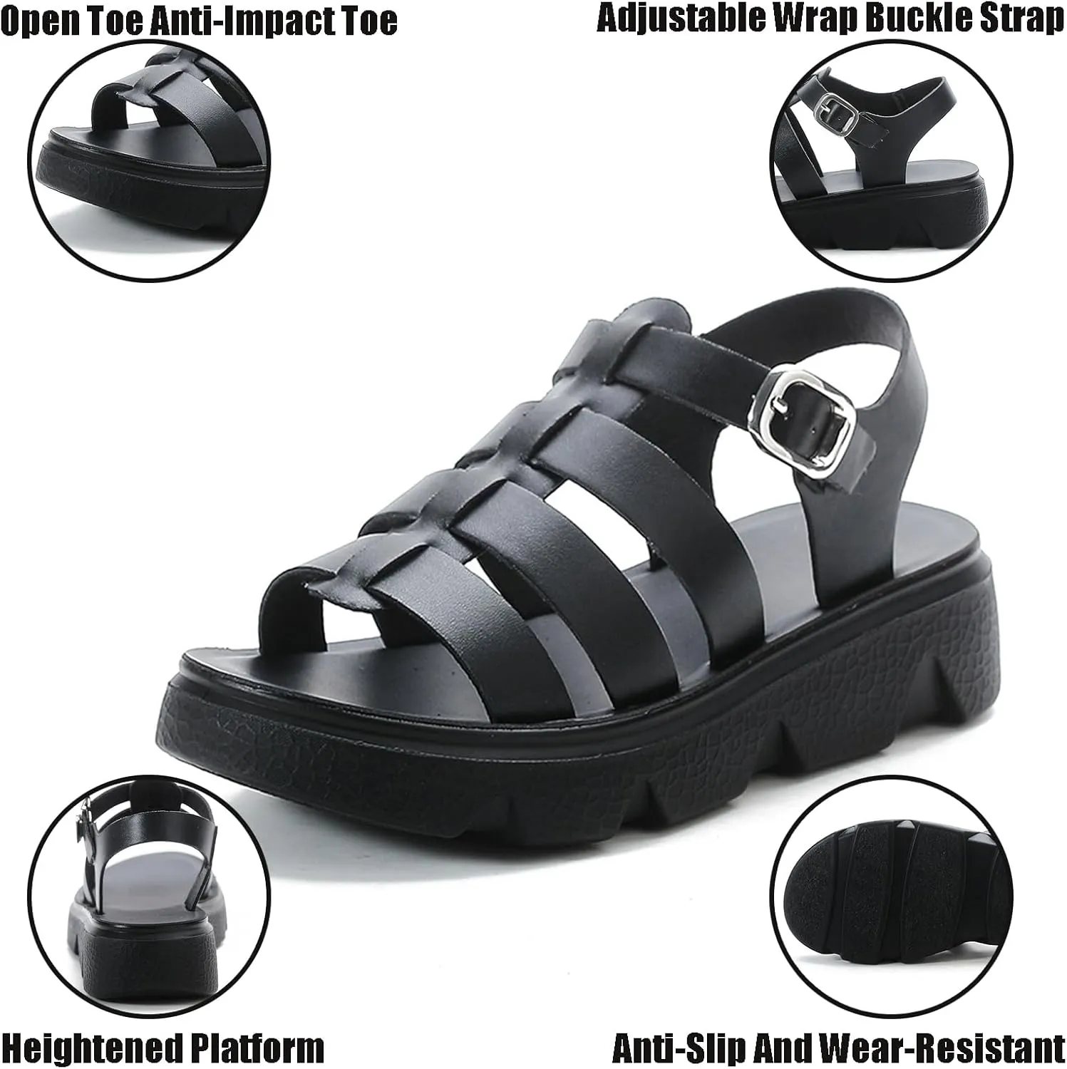Women's Leather Platform Wedge Gladiator Sandals Retro Round Open Toe Lug Sole Adjustable Ankle Strap Sandals Summer Breathable Beach Walking Sandals