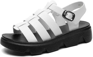 Women's Leather Platform Wedge Gladiator Sandals Retro Round Open Toe Lug Sole Adjustable Ankle Strap Sandals Summer Breathable Beach Walking Sandals