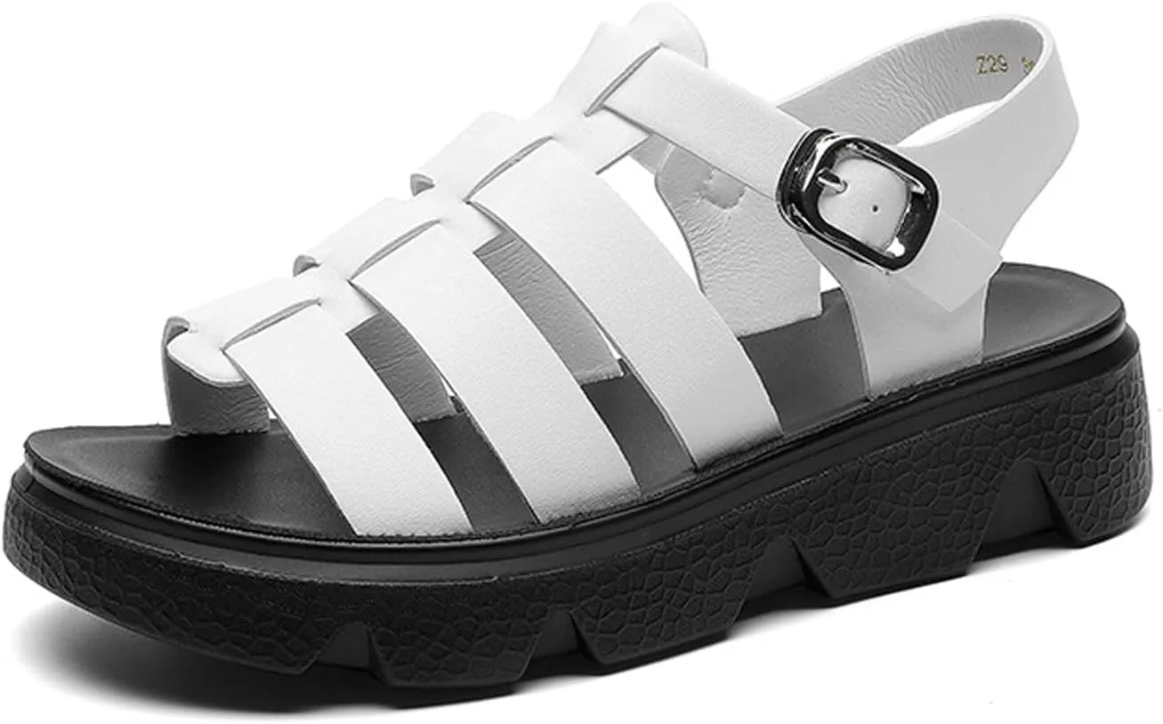 Women's Leather Platform Wedge Gladiator Sandals Retro Round Open Toe Lug Sole Adjustable Ankle Strap Sandals Summer Breathable Beach Walking Sandals