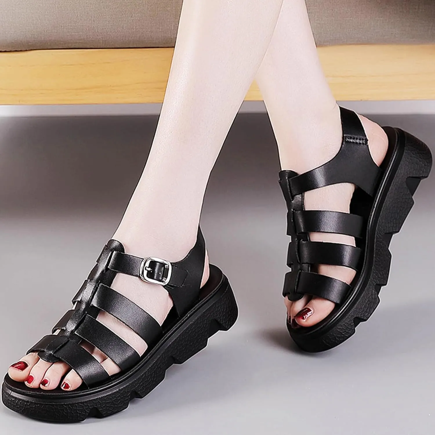Women's Leather Platform Wedge Gladiator Sandals Retro Round Open Toe Lug Sole Adjustable Ankle Strap Sandals Summer Breathable Beach Walking Sandals