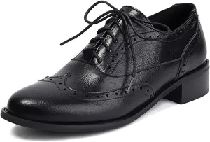 Women's Leather Wingtip Low Chunky Heel Oxfords Vintage Lace-Up Comfort Brogue Saddle Shoes Casual Breathable Business Dress Work Shoes