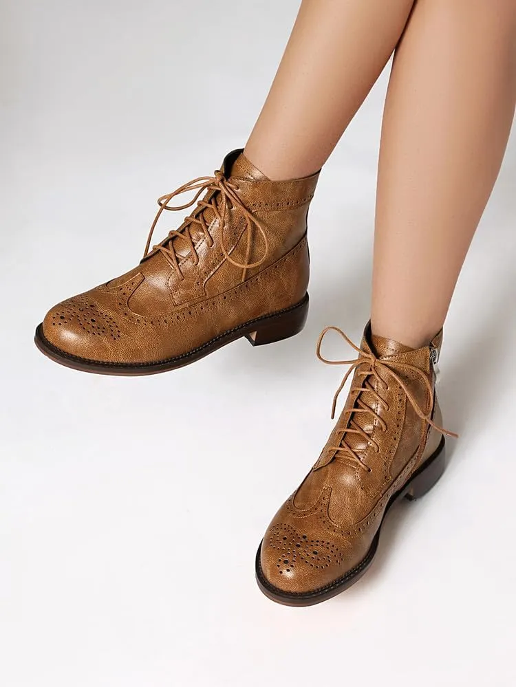 Women's Low Heel Lace Up Combat Boots Women Military Oxfords Low Heel Side Zipper Round Toe Brogue Ankle Boots