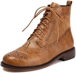 Women's Low Heel Lace Up Combat Boots Women Military Oxfords Low Heel Side Zipper Round Toe Brogue Ankle Boots
