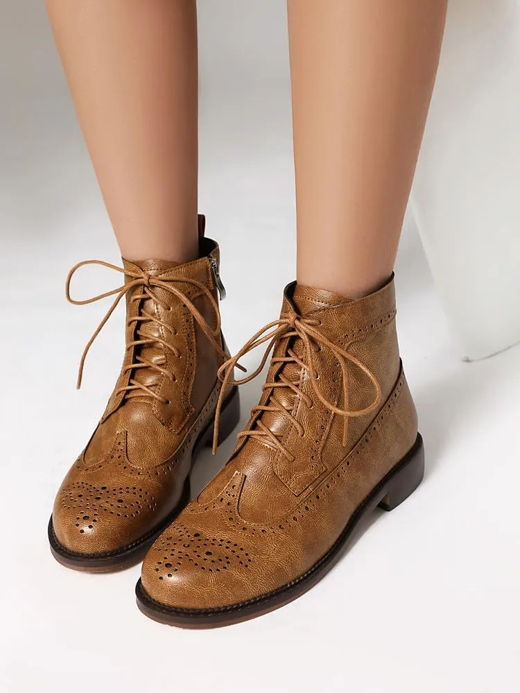 Women's Low Heel Lace Up Combat Boots Women Military Oxfords Low Heel Side Zipper Round Toe Brogue Ankle Boots