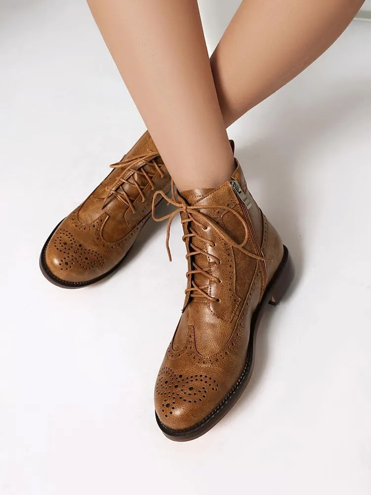 Women's Low Heel Lace Up Combat Boots Women Military Oxfords Low Heel Side Zipper Round Toe Brogue Ankle Boots