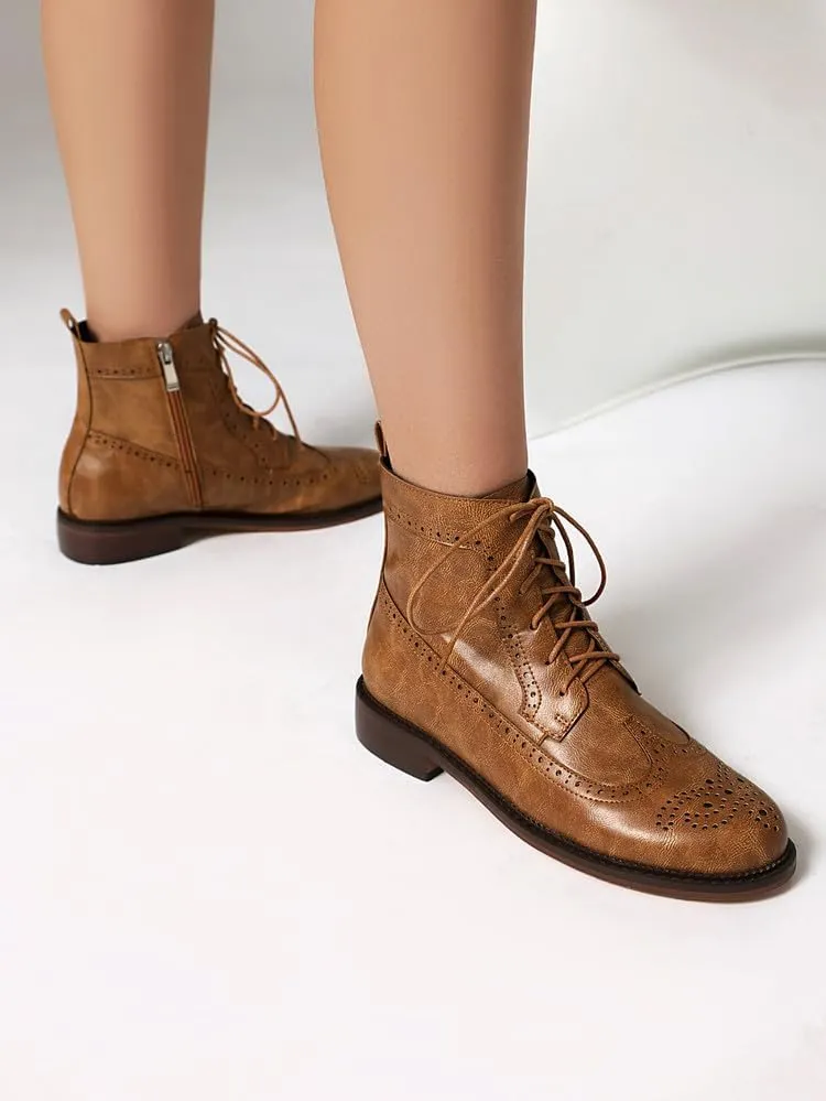 Women's Low Heel Lace Up Combat Boots Women Military Oxfords Low Heel Side Zipper Round Toe Brogue Ankle Boots