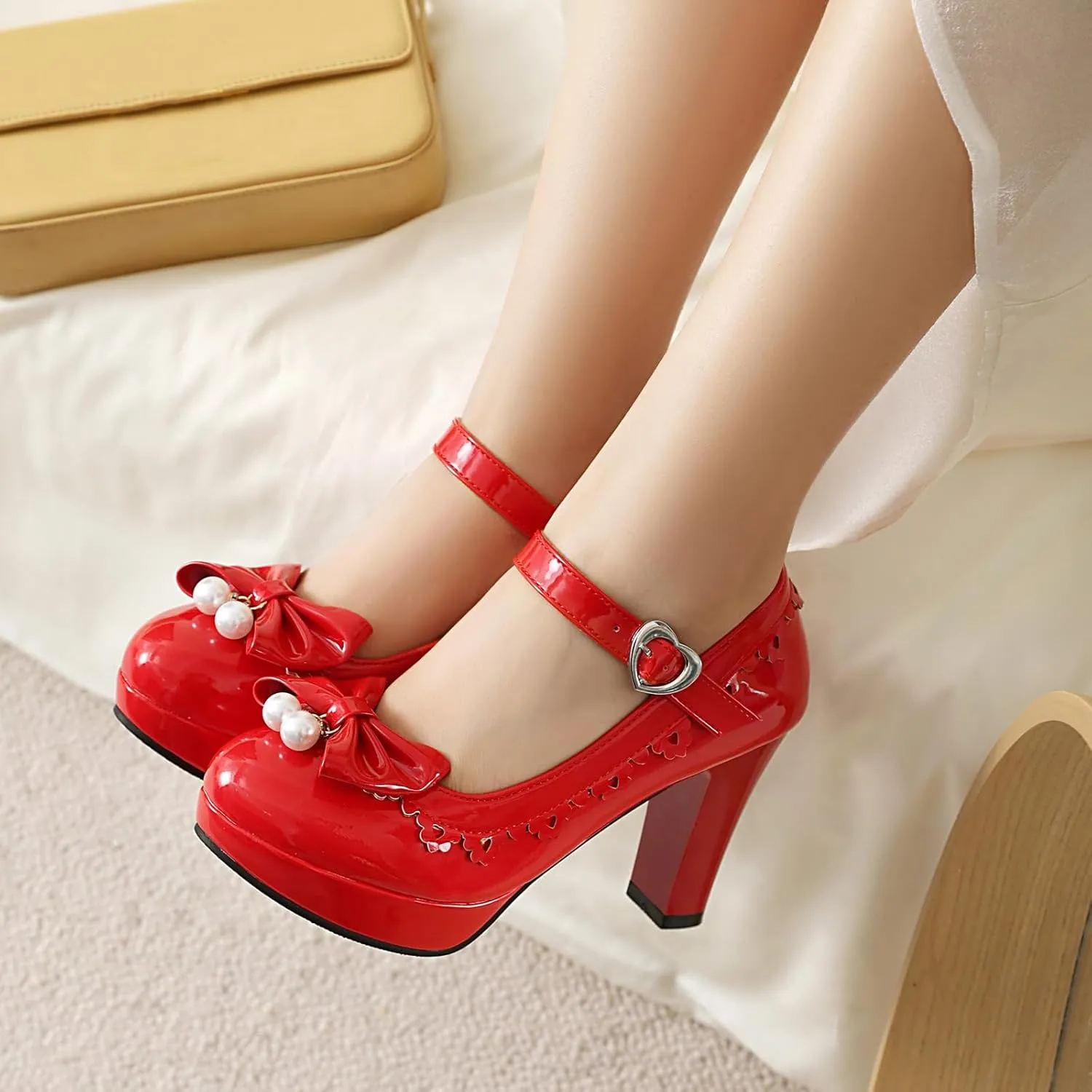 Women's Patent Leather Chunky Heel Lolita Mary Jane Cute Bow Pearl Round Toe Buckle Kawaii Party High Heels Fashion Dance Shoes