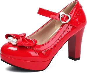 Women's Patent Leather Chunky Heel Lolita Mary Jane Cute Bow Pearl Round Toe Buckle Kawaii Party High Heels Fashion Dance Shoes