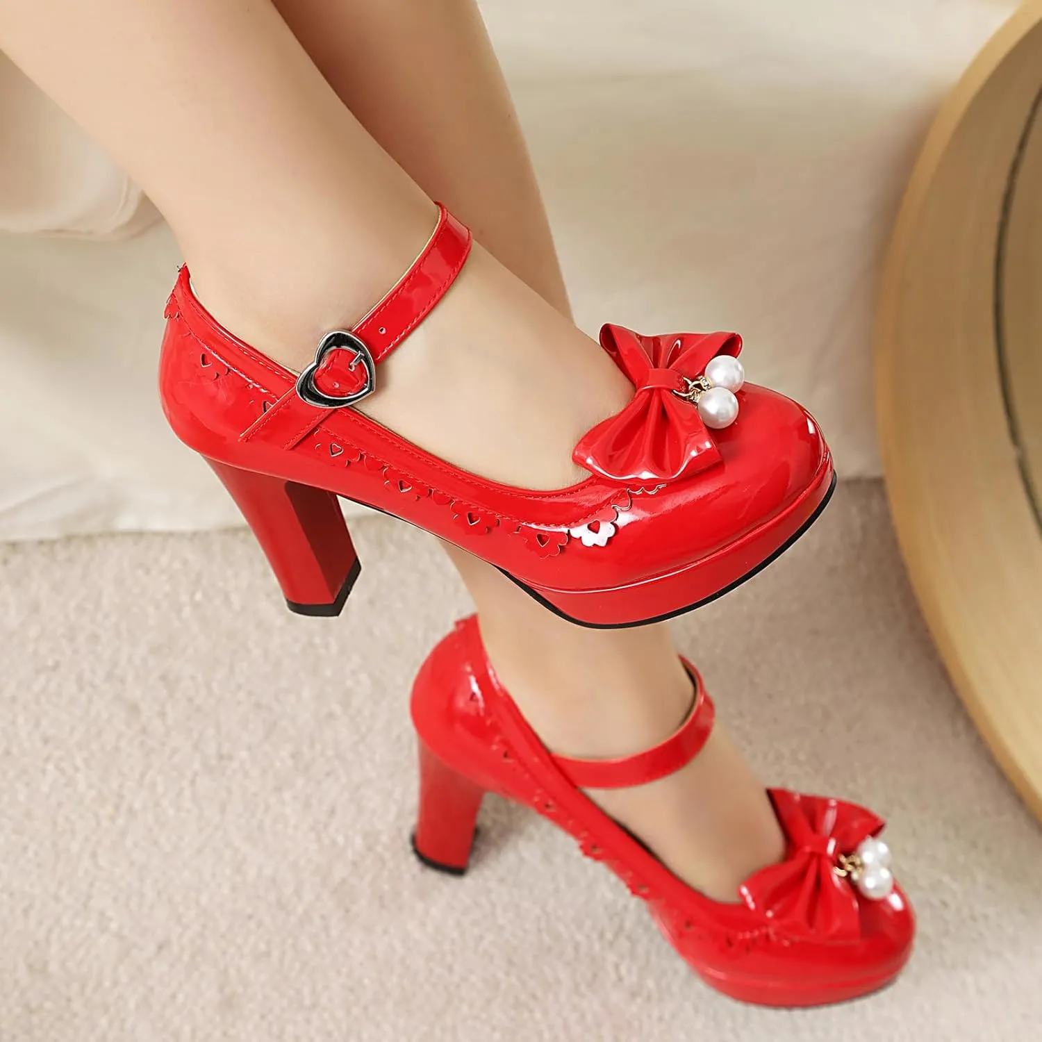 Women's Patent Leather Chunky Heel Lolita Mary Jane Cute Bow Pearl Round Toe Buckle Kawaii Party High Heels Fashion Dance Shoes