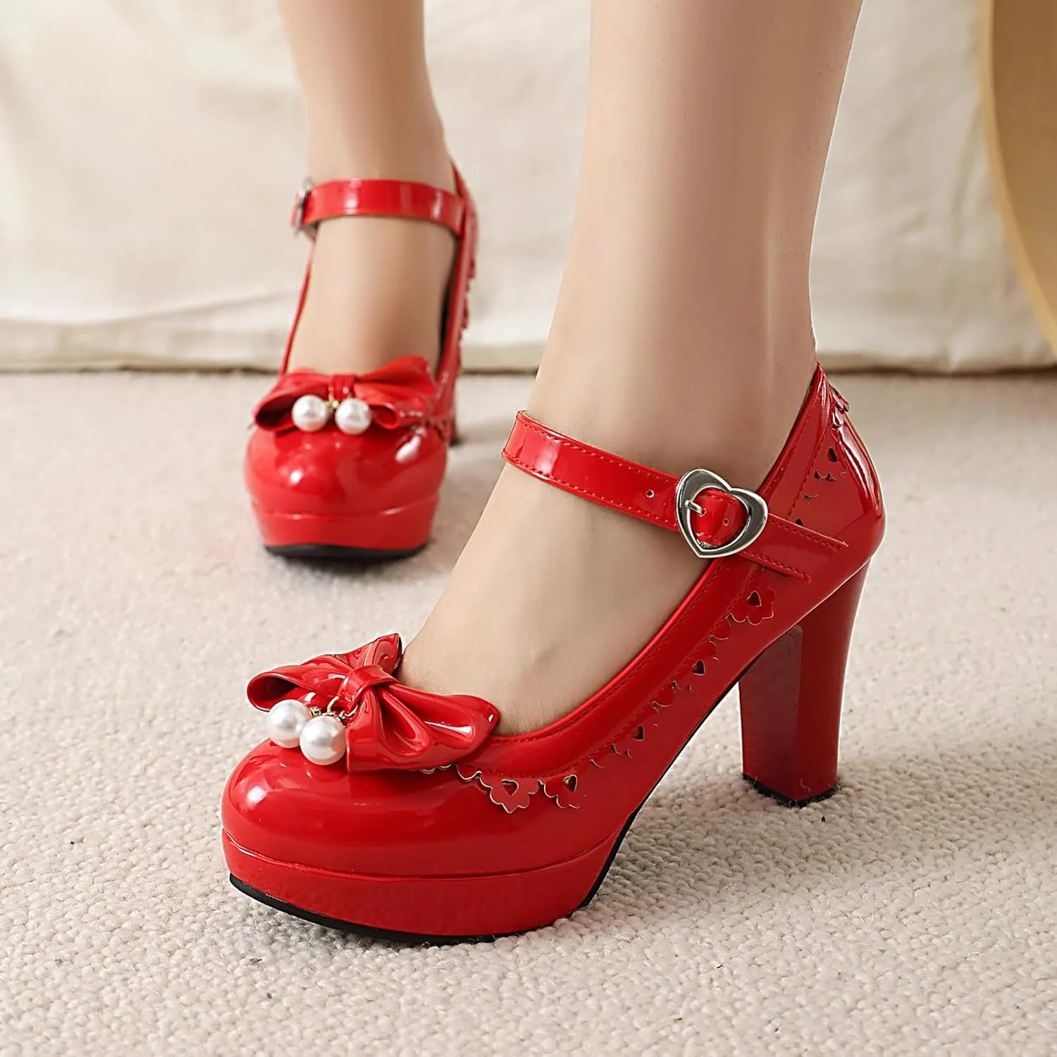 Women's Patent Leather Chunky Heel Lolita Mary Jane Cute Bow Pearl Round Toe Buckle Kawaii Party High Heels Fashion Dance Shoes