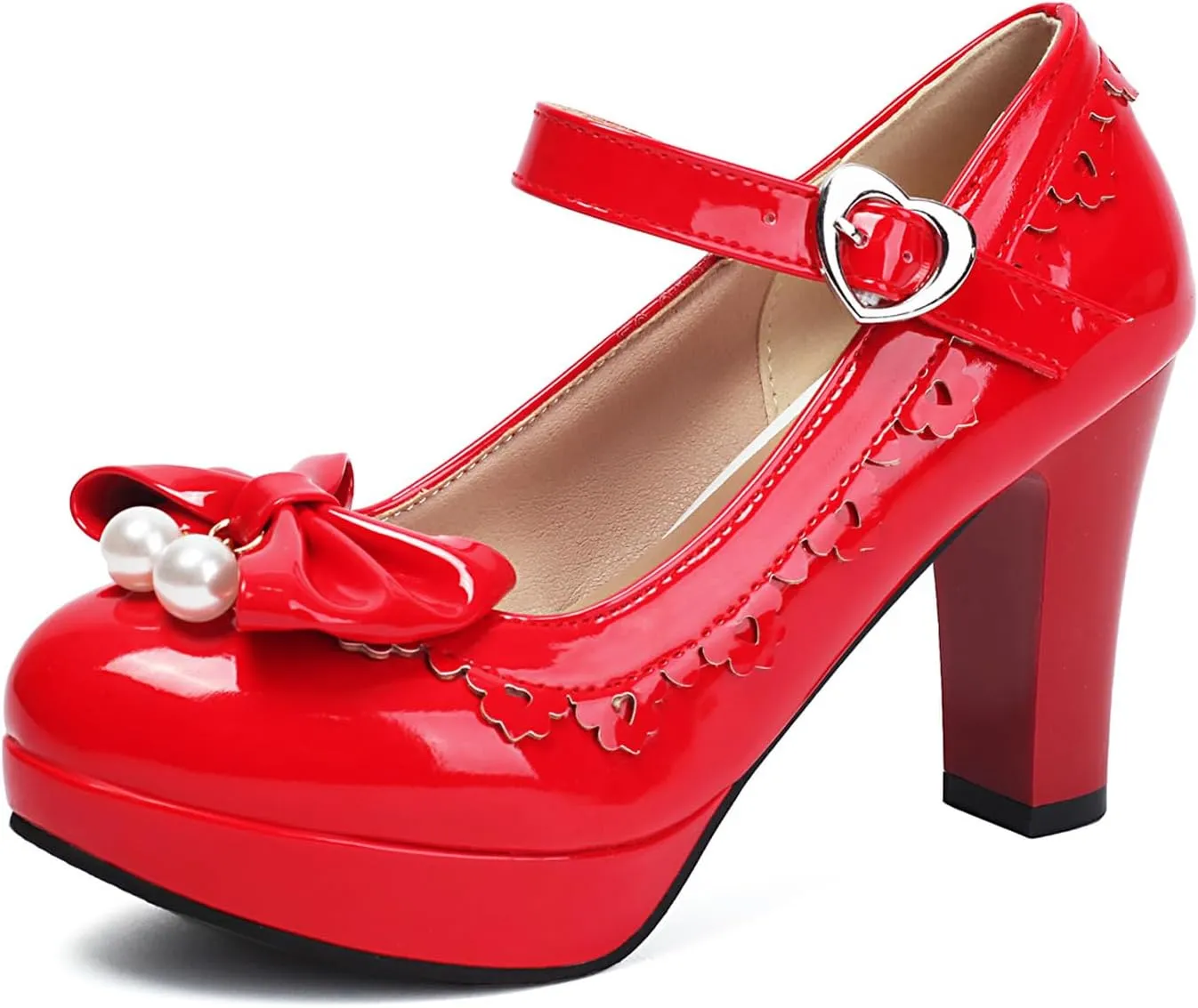 Women's Patent Leather Chunky Heel Lolita Mary Jane Cute Bow Pearl Round Toe Buckle Kawaii Party High Heels Fashion Dance Shoes