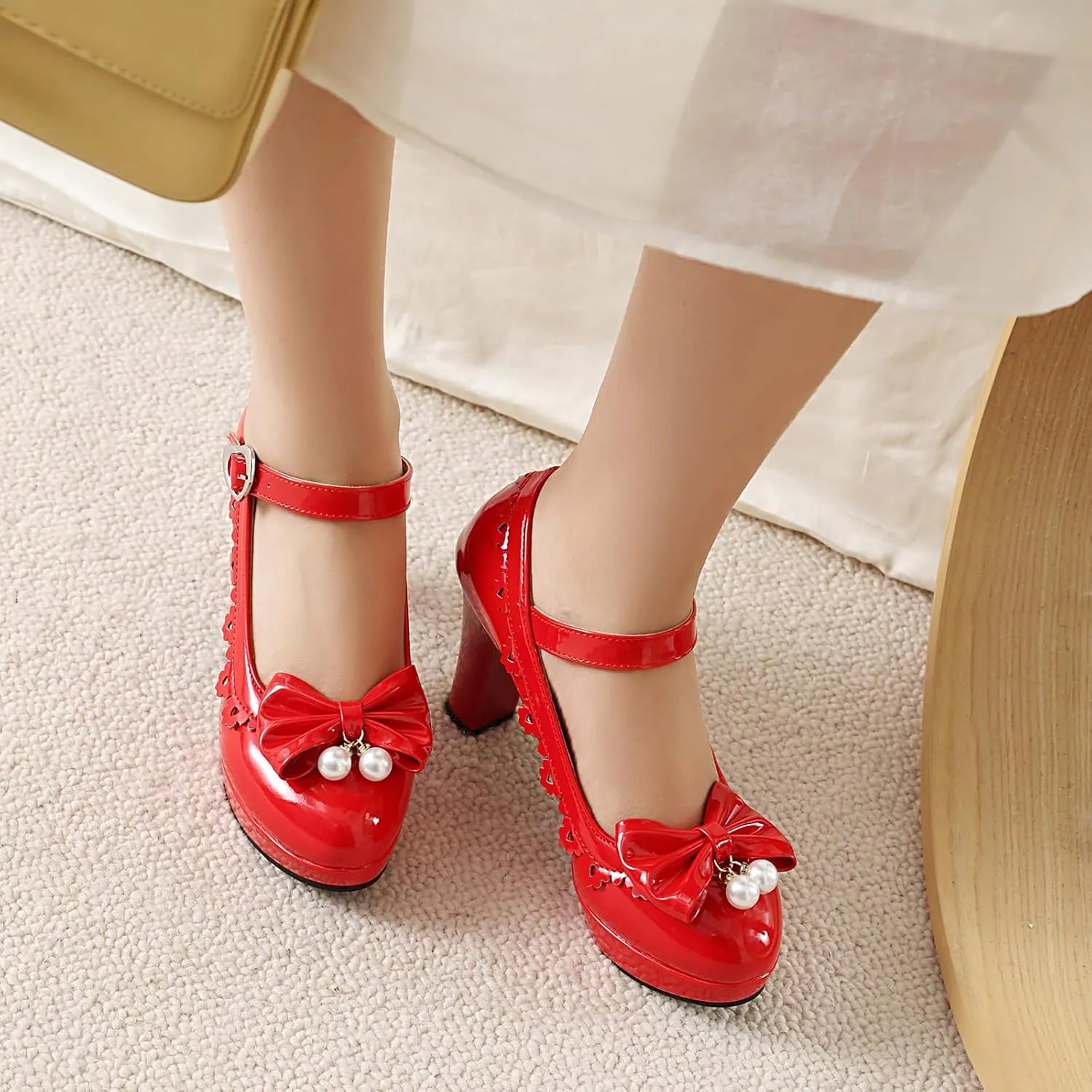 Women's Patent Leather Chunky Heel Lolita Mary Jane Cute Bow Pearl Round Toe Buckle Kawaii Party High Heels Fashion Dance Shoes