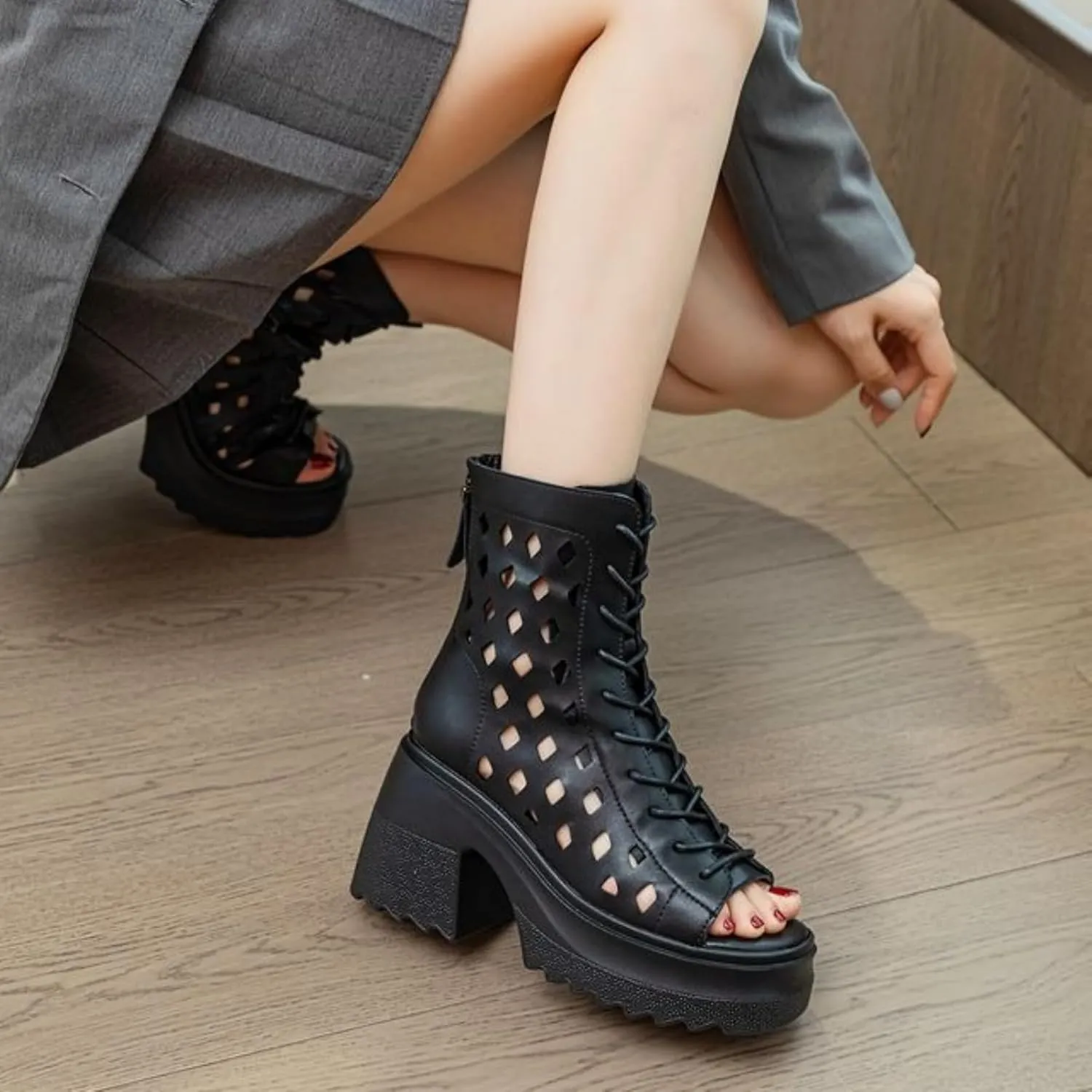 Women's Peep Toe Gladiator Sandals Chunky Heel Leather Summer Booties