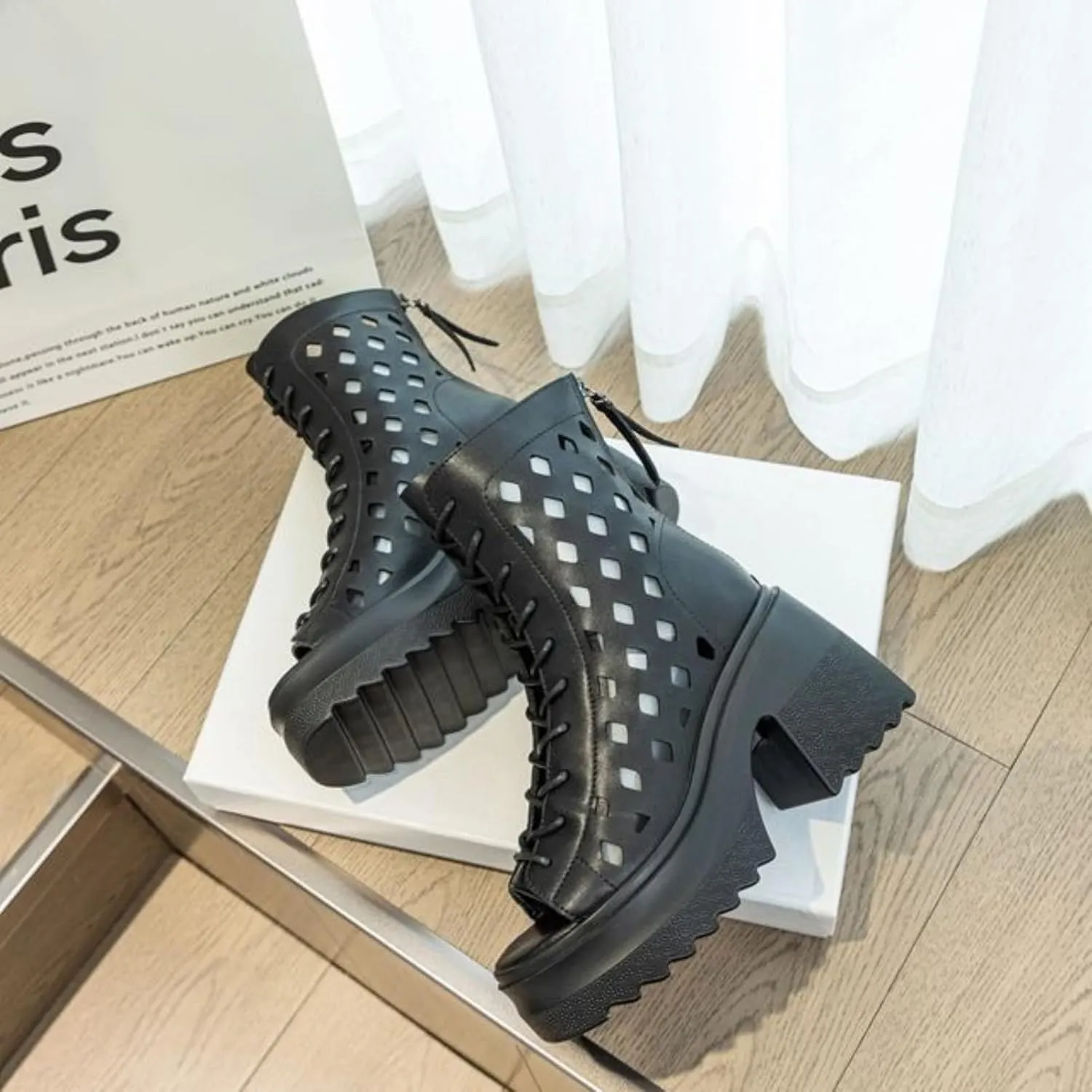 Women's Peep Toe Gladiator Sandals Chunky Heel Leather Summer Booties