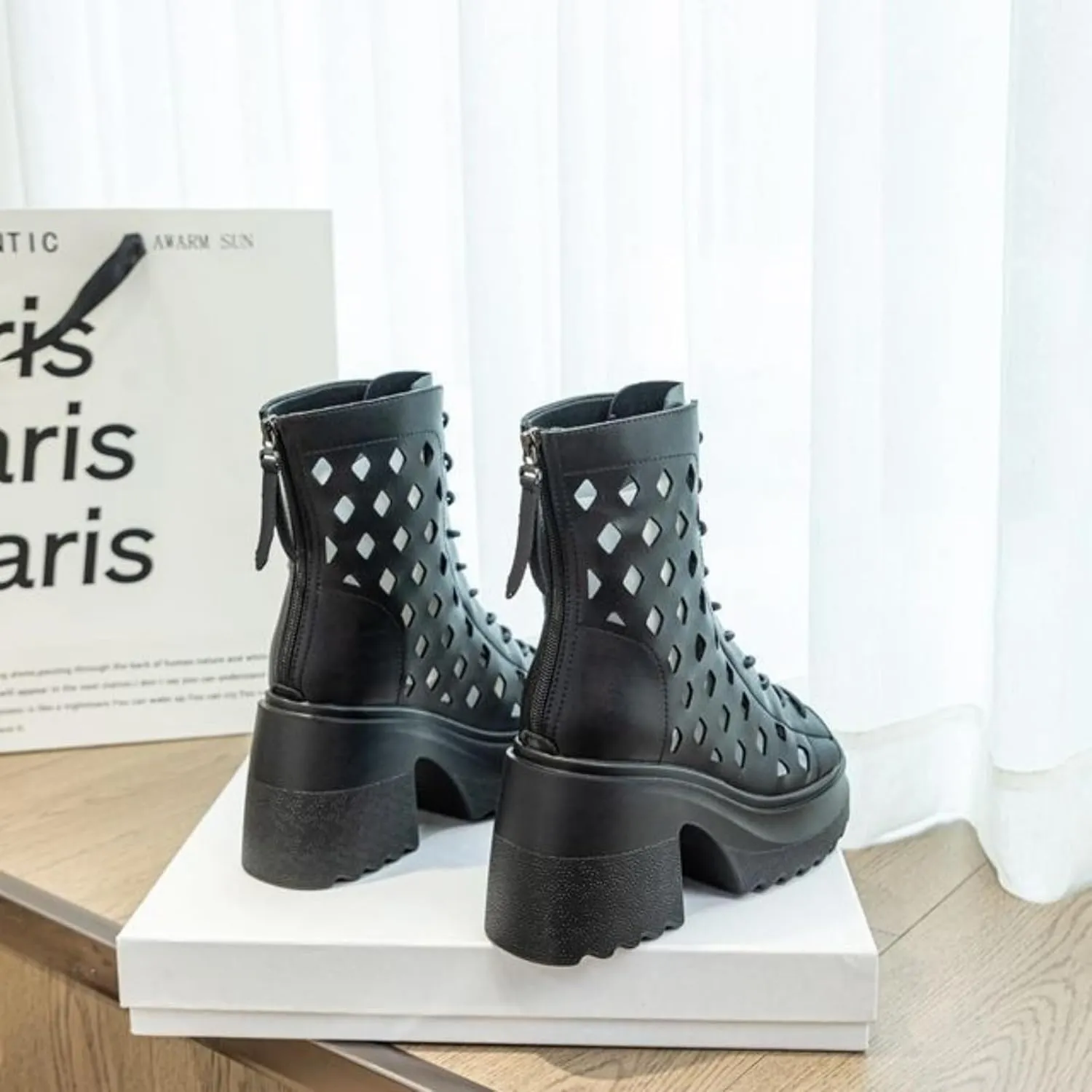 Women's Peep Toe Gladiator Sandals Chunky Heel Leather Summer Booties