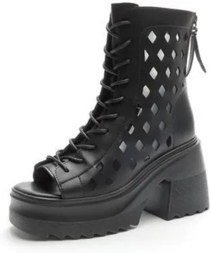 Women's Peep Toe Gladiator Sandals Chunky Heel Leather Summer Booties