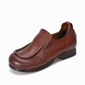 Women's Round Toe Slip On Leather Retro Soft Sole Walk Shoes