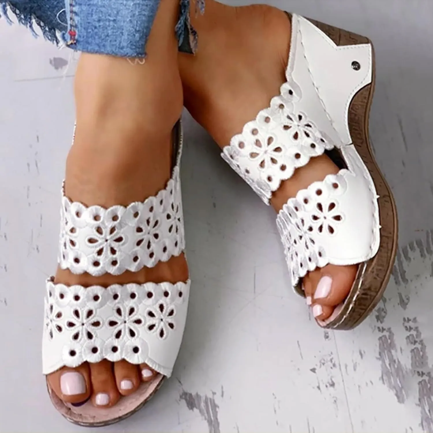 Womens Sandals Open Toe Platform Wedge Casual Summer Hollow Out Breathable Slippers Slip on Orthopedic Arch Support Comfortable Walking Chunky Sandals