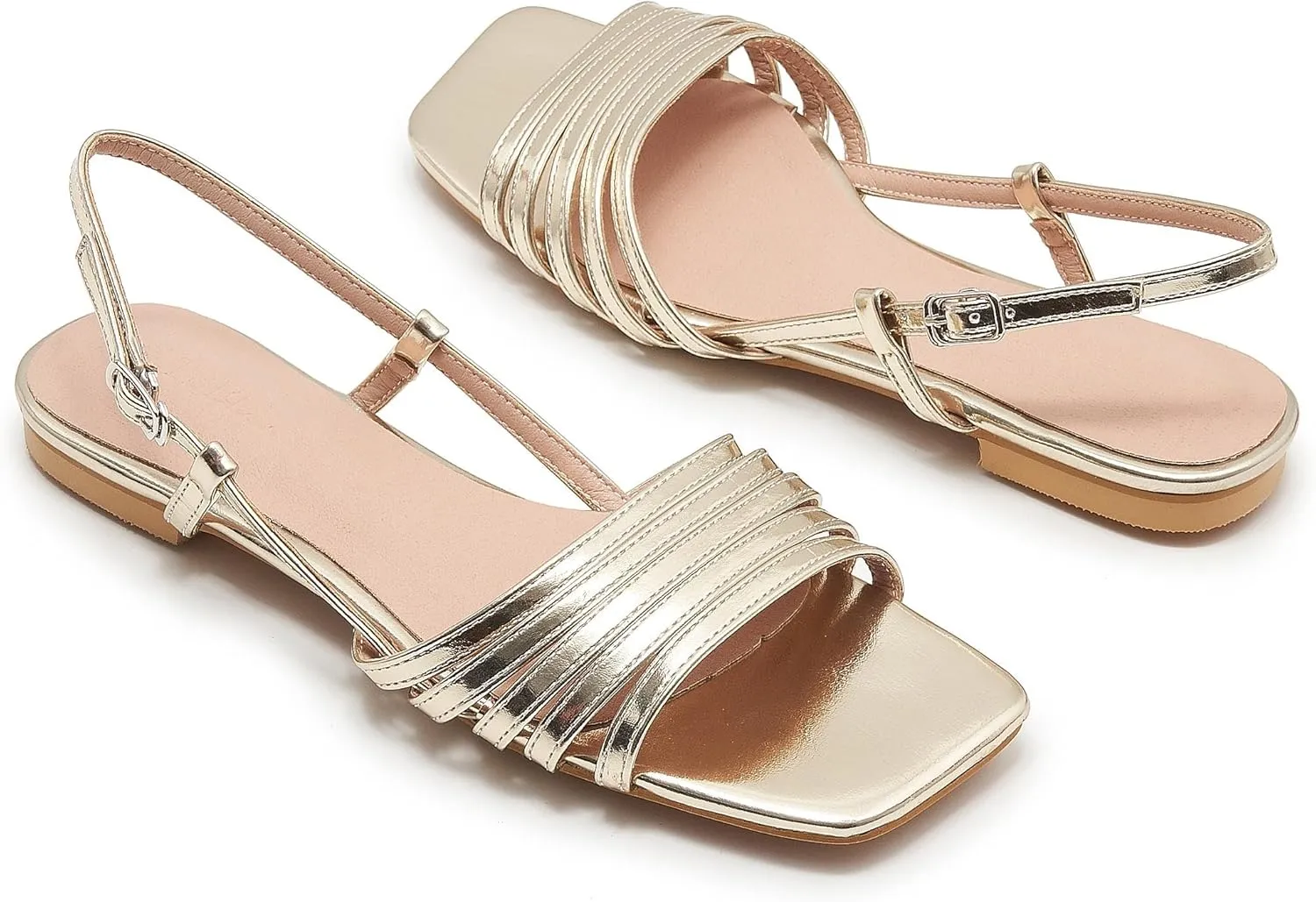 Women's Slingback Flats Sandals Open Square Toe Adjustable Ankle Strap Gladiator Flat-Sandal Summer Dresssy Cute Low Heel Shoes