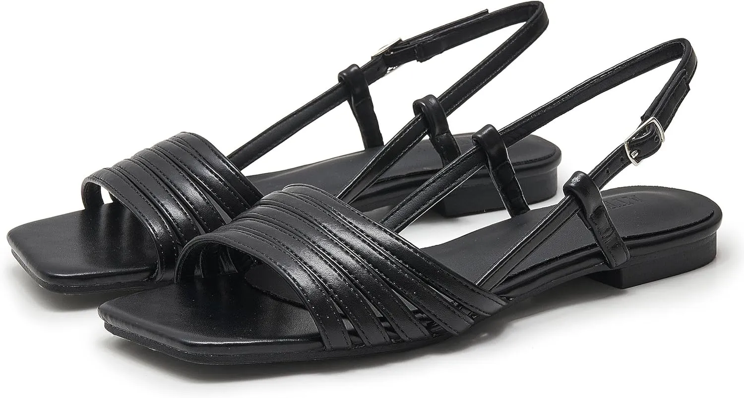 Women's Slingback Flats Sandals Open Square Toe Adjustable Ankle Strap Gladiator Flat-Sandal Summer Dresssy Cute Low Heel Shoes
