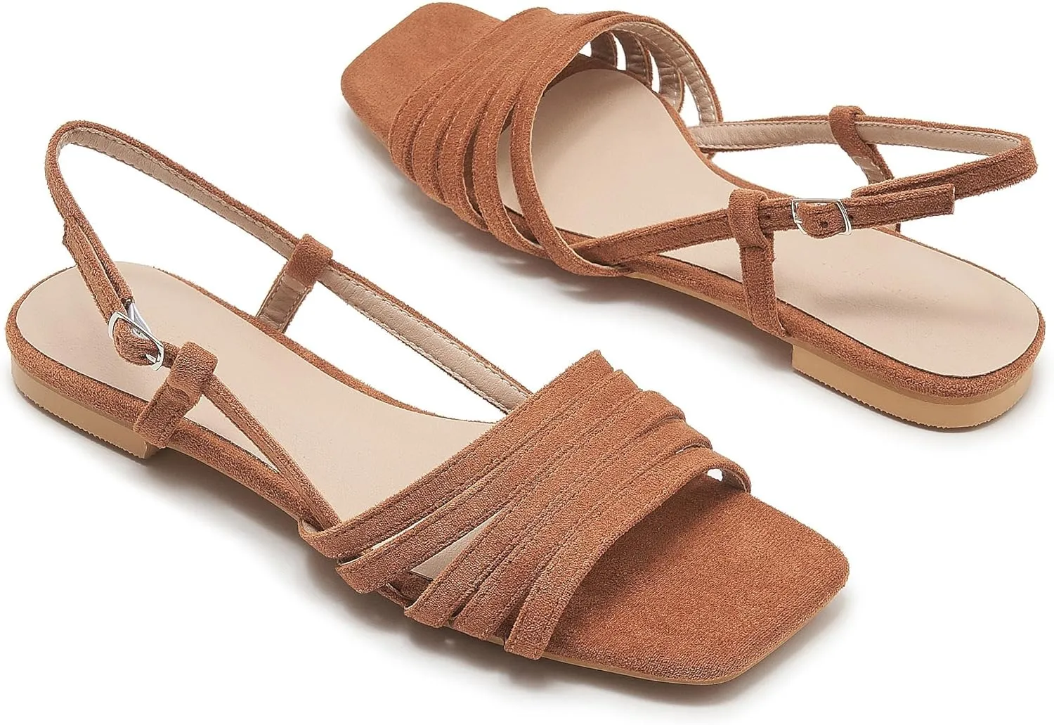 Women's Slingback Flats Sandals Open Square Toe Adjustable Ankle Strap Gladiator Flat-Sandal Summer Dresssy Cute Low Heel Shoes