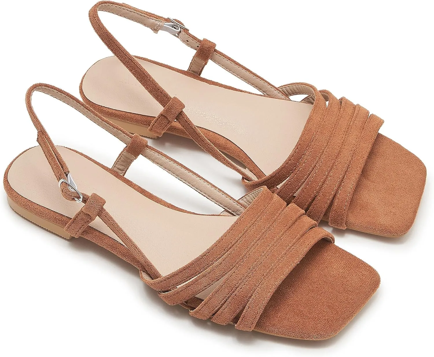 Women's Slingback Flats Sandals Open Square Toe Adjustable Ankle Strap Gladiator Flat-Sandal Summer Dresssy Cute Low Heel Shoes