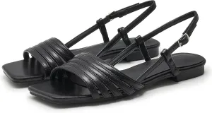 Women's Slingback Flats Sandals Open Square Toe Adjustable Ankle Strap Gladiator Flat-Sandal Summer Dresssy Cute Low Heel Shoes