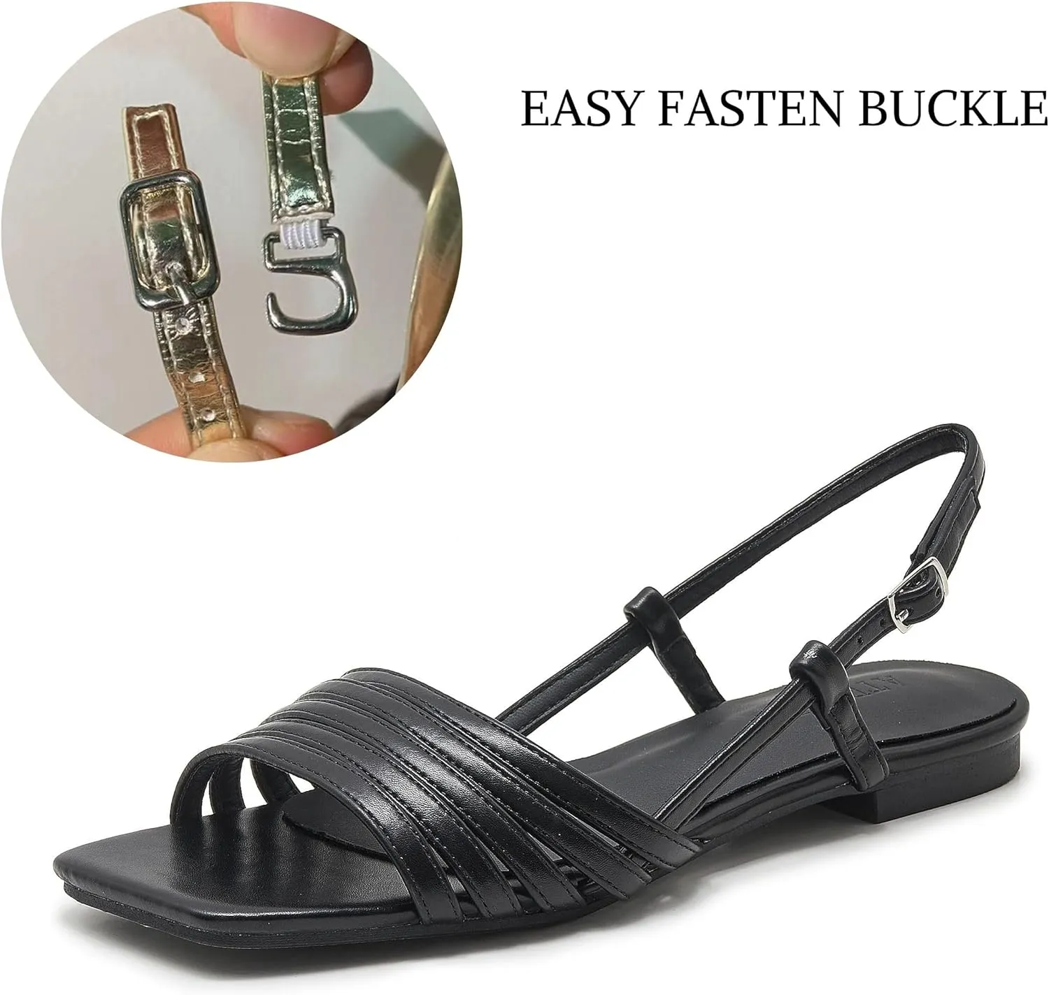 Women's Slingback Flats Sandals Open Square Toe Adjustable Ankle Strap Gladiator Flat-Sandal Summer Dresssy Cute Low Heel Shoes
