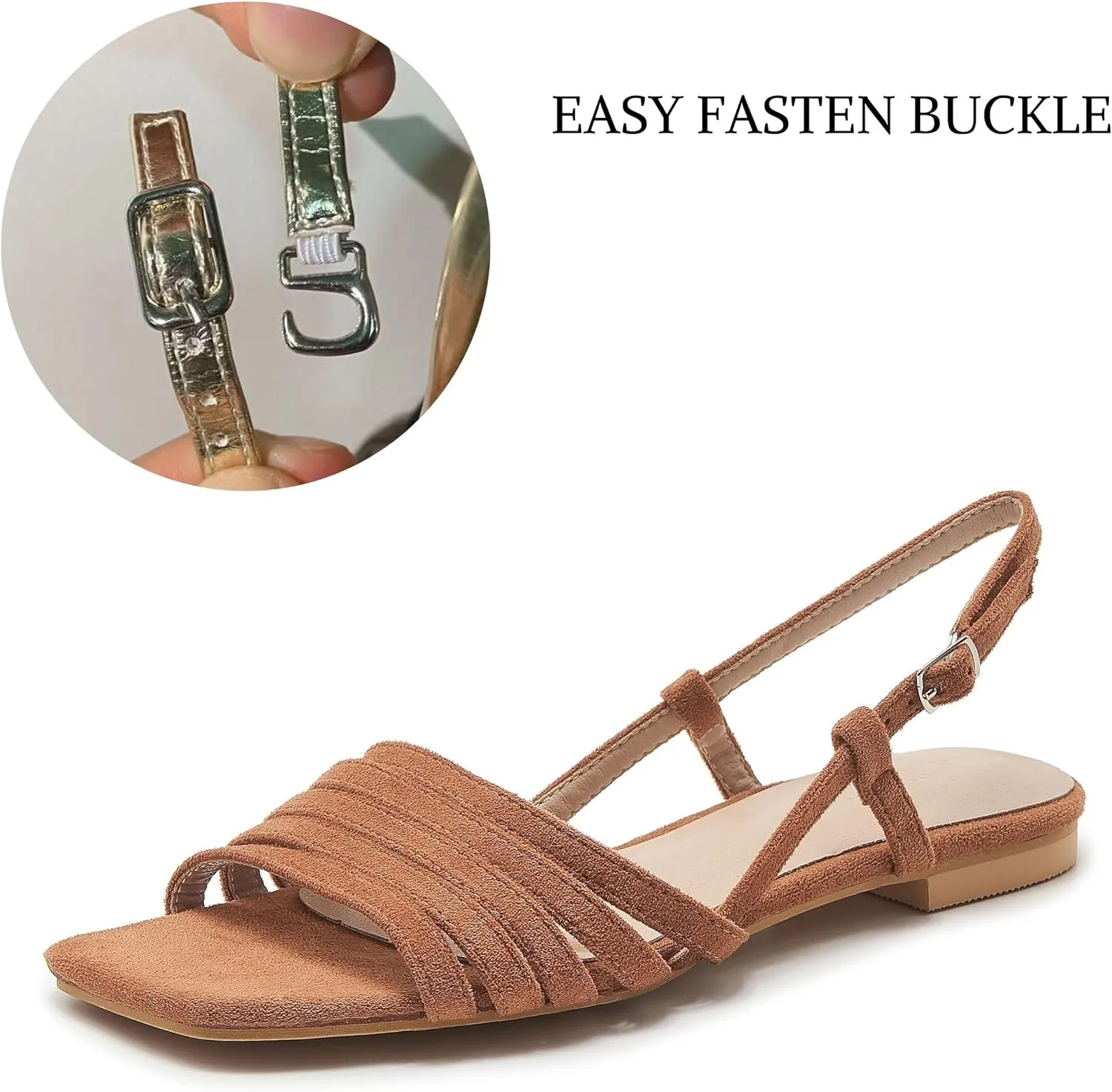 Women's Slingback Flats Sandals Open Square Toe Adjustable Ankle Strap Gladiator Flat-Sandal Summer Dresssy Cute Low Heel Shoes