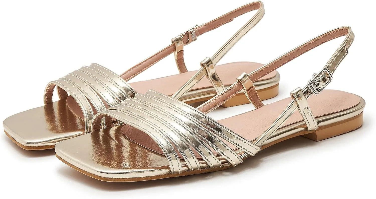 Women's Slingback Flats Sandals Open Square Toe Adjustable Ankle Strap Gladiator Flat-Sandal Summer Dresssy Cute Low Heel Shoes