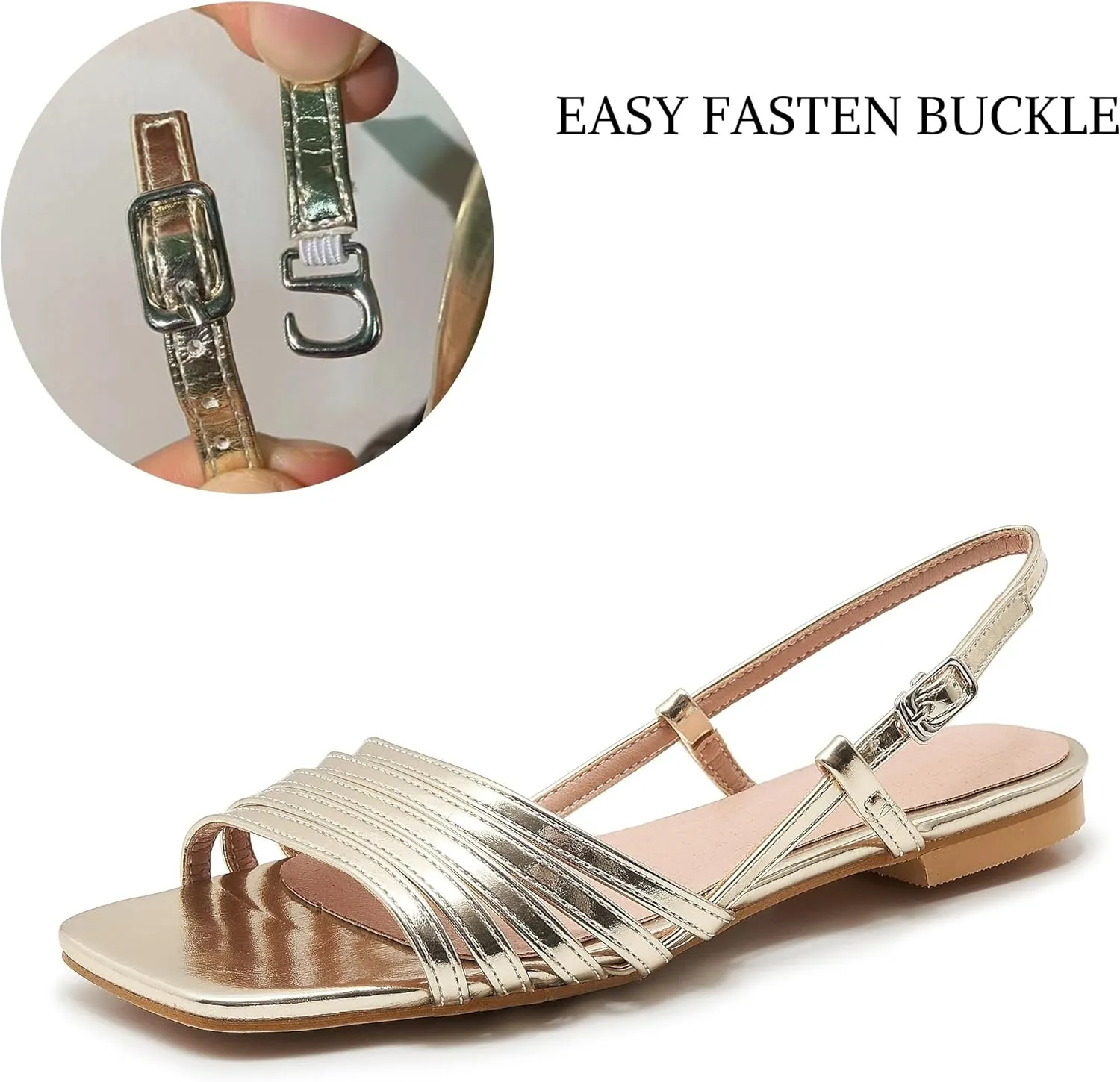 Women's Slingback Flats Sandals Open Square Toe Adjustable Ankle Strap Gladiator Flat-Sandal Summer Dresssy Cute Low Heel Shoes