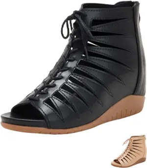 Women's Strappy Peep Toe Zipper Retro Roman Gladiator Wedge Sandals, Fashion Summer Hollow Bohemian Heighten Sandal Beach Heeled Sandals