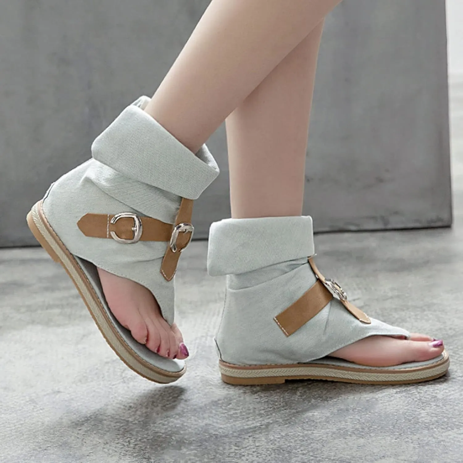 Women's Summer Denim Boho Gladiator Flat Sandals,High Top Double Buckle Strap Back Zip Hippie Thong Shoes Flip Flops