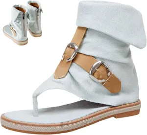 Women's Summer Denim Boho Gladiator Flat Sandals,High Top Double Buckle Strap Back Zip Hippie Thong Shoes Flip Flops