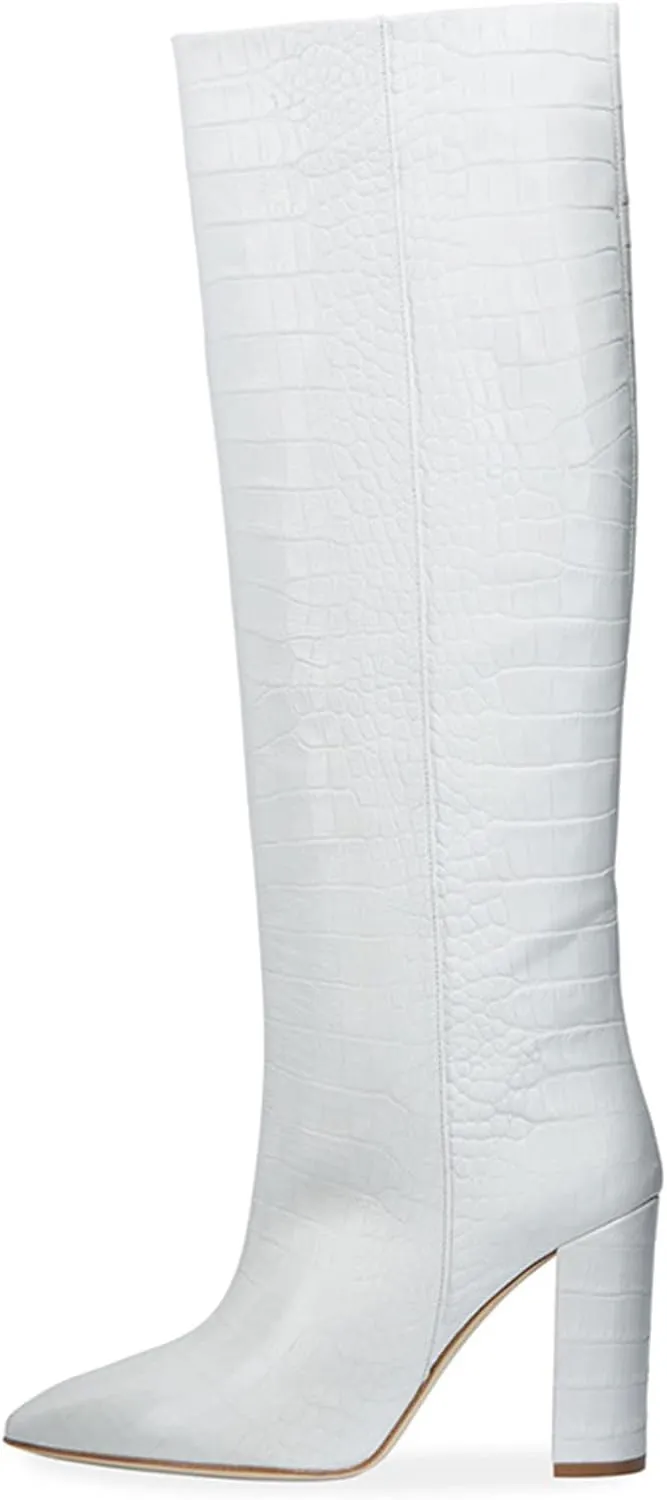 Womens Thigh High Boots Fashion Purple Crocodile Pattern Leather Slip On Chunky Heeled Booties Winter Wearing Booties Sexy Stripper Club Party Prom Pumps,White,45