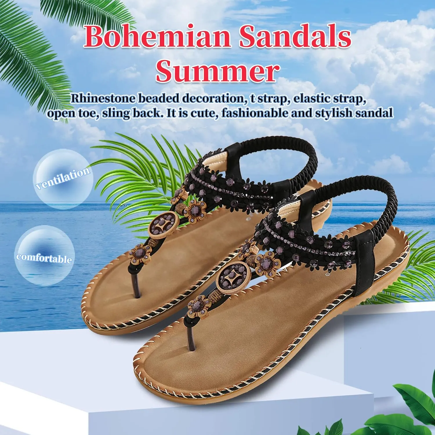 Women's Wedding Sandals Crystal with Rhinestone Beaded Bohemian Dress Flip-flop Gladiator Shoes Plus-size