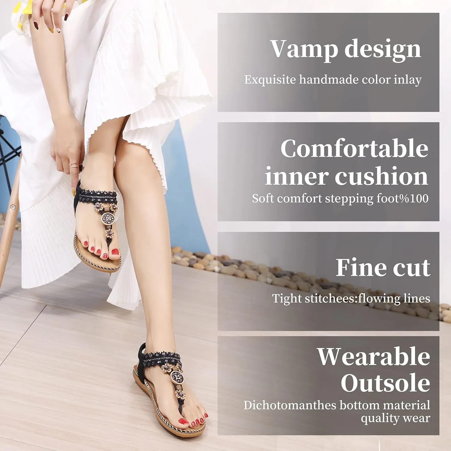Women's Wedding Sandals Crystal with Rhinestone Beaded Bohemian Dress Flip-flop Gladiator Shoes Plus-size